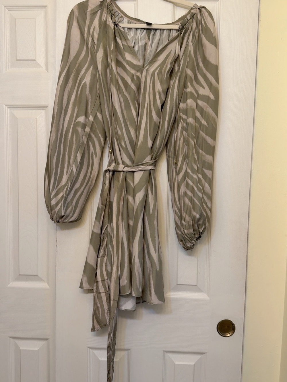 Banana Republic Taupe and Cream Zebra-Print Long Sleeve Wrap Dress
